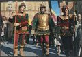 Siena, ritratto del duce e dei due paggi portainsegna della Contrada del Drago